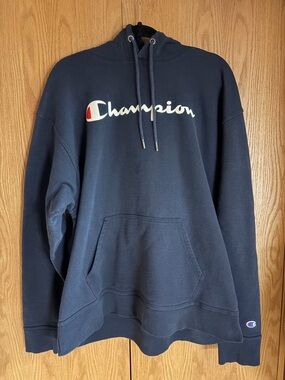 Champion Men’s Navy Crewneck Hoodie with Script Logo